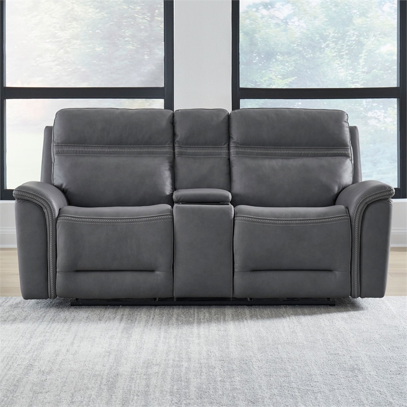 Liberty Furniture Cooper Power Reclining Loveseat with Console Blue Gray Leather