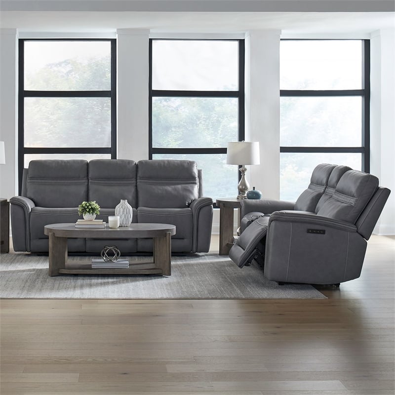 Liberty Furniture Cooper Sofa & Loveseat Power Reclining Set - Blue Gray Leather