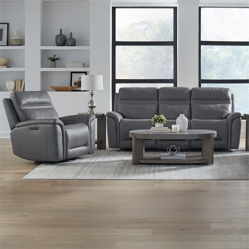 Liberty Furniture Cooper Sofa & Recliner Power Reclining Set - Blue Gray Leather