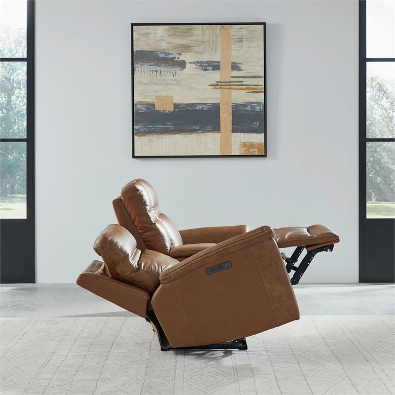 Liberty Furniture Cooper Sofa & Loveseat Power Reclining Set Camel Brown Leather