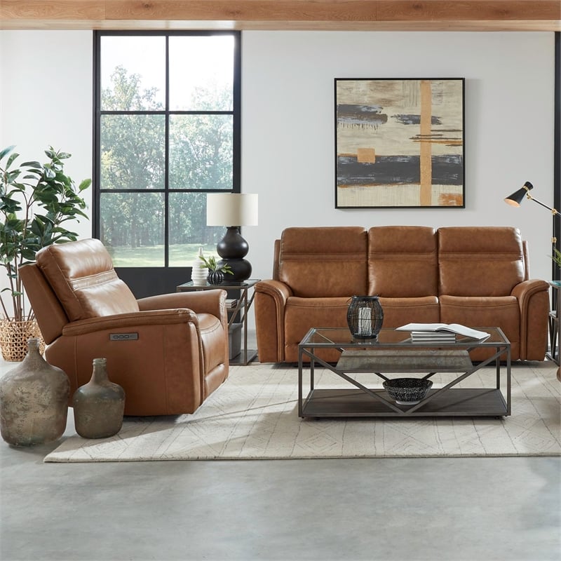 Liberty Furniture Cooper Sofa & Recliner Power Reclining Set Camel Brown Leather