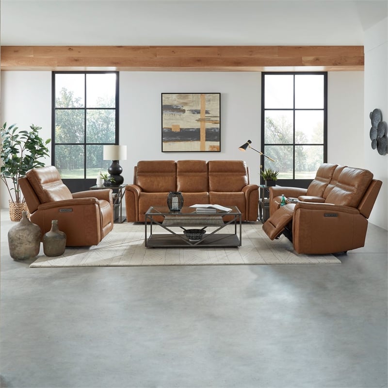 Cooper Sofa Loveseat & Recliner Power Reclining Set - Camel Brown Leather