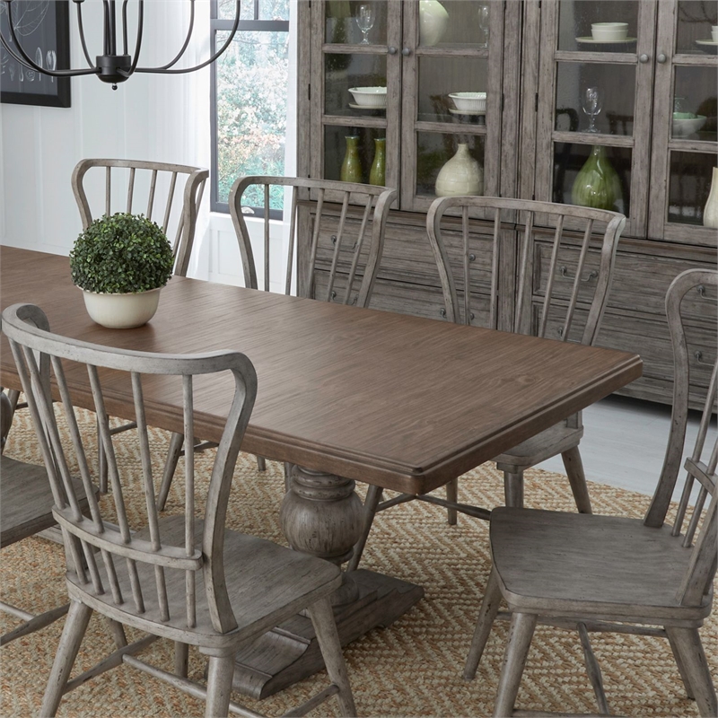 Liberty Furniture River Place 9 Piece Trestle Table Dining Room Set with Chairs - Gray Wood