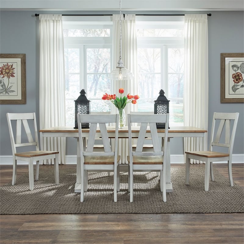Liberty Furniture Lindsey Farm 7 Piece Trestle Table Dining Room Set with Chairs - White Wood