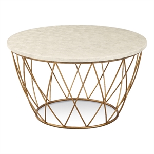 mikel round cocktail table in gold metal and capiz
