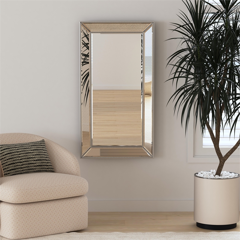 Beaded Wooden Wall Mirror in Silver