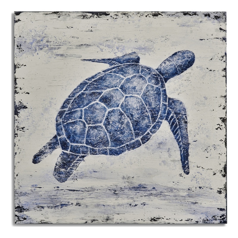 Bassett Mirror Coastal Canvas Fabric Wall Art with Sea Turtle in Blue