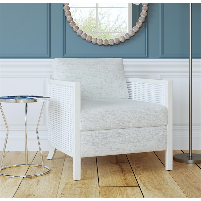 Mylo Coastal Farmhouse Accent Chair in Hand Brushed White Wood and Fabric