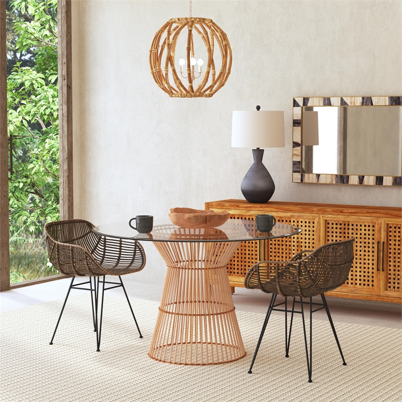 Bassett Mirror Leana Round Rattan Dining Table with Open Weave Base in Tan