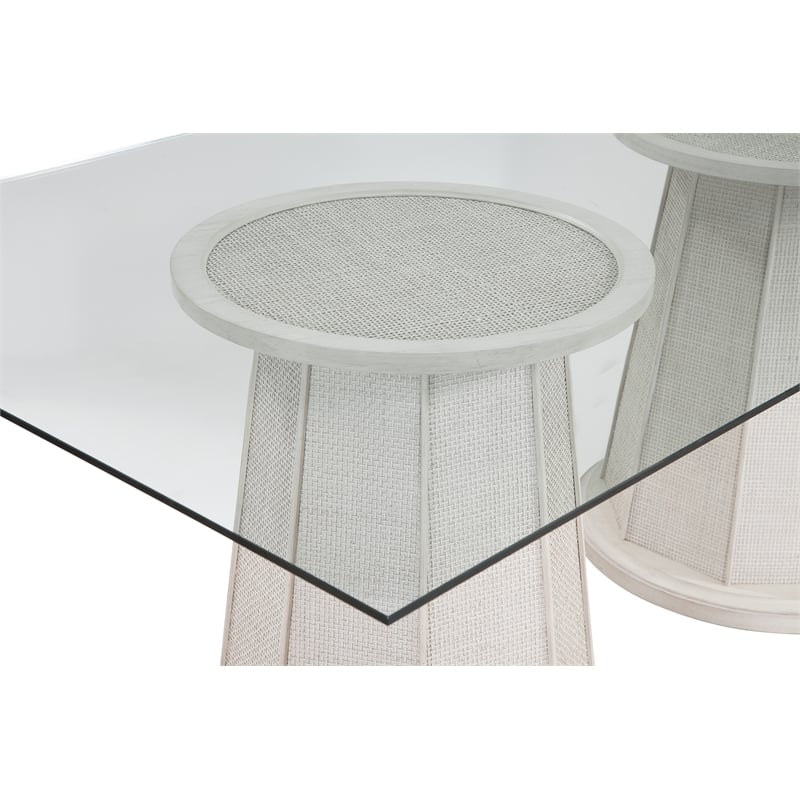 Korey Dining Table in Cream Wood with Cane Detailing and Glass Top