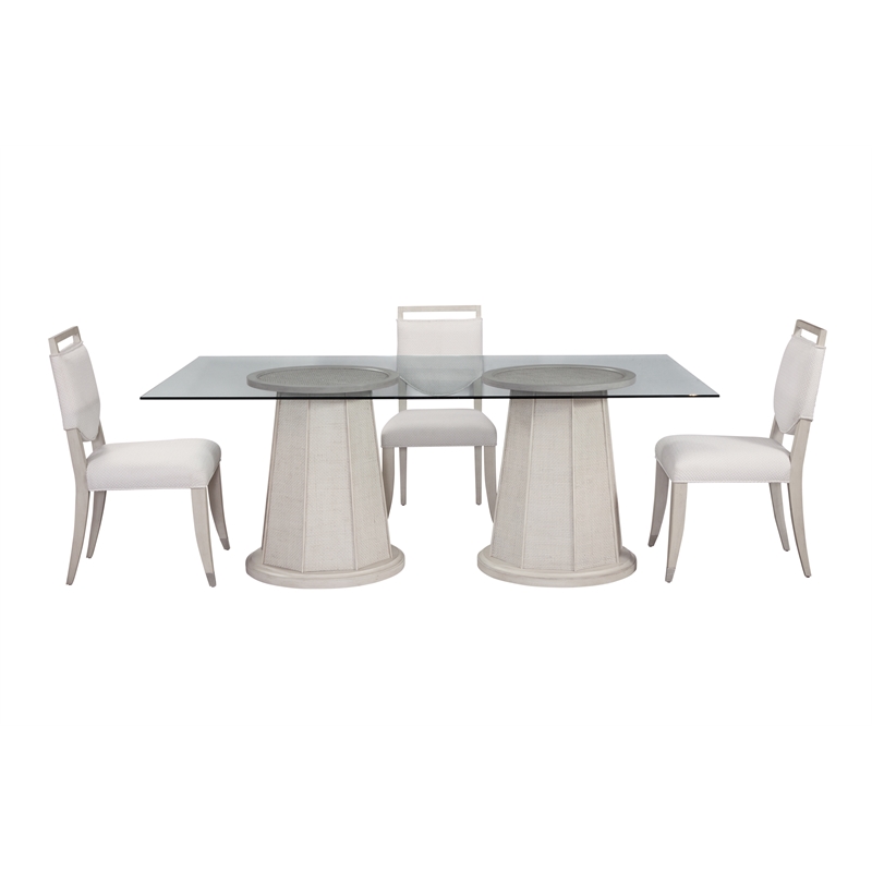 Korey Dining Table in Cream Wood with Cane Detailing and Glass Top