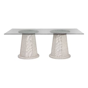 Korey Dining Table in Cream Wood with Cane Detailing and Glass Top