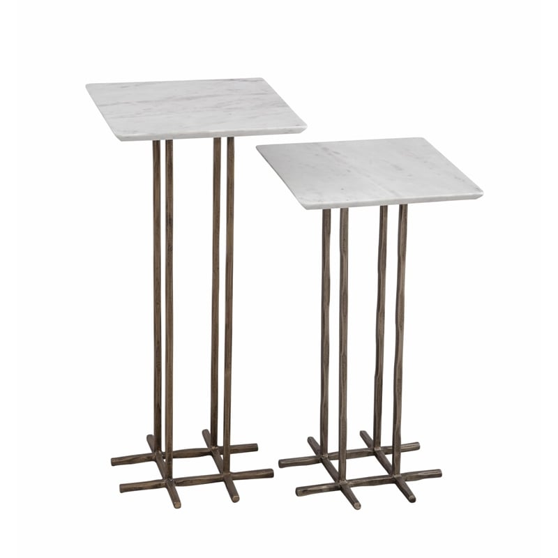 Xavier Accent Table 2 Piece Set in White Marble on Hand Hammered Base