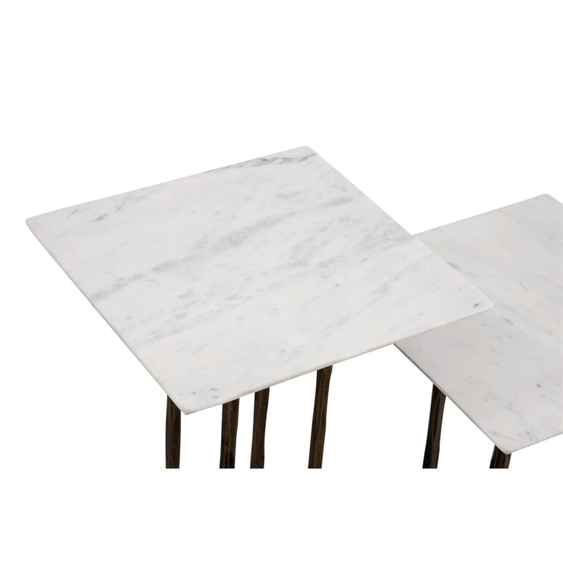 Xavier Accent Table 2 Piece Set in White Marble on Hand Hammered Base