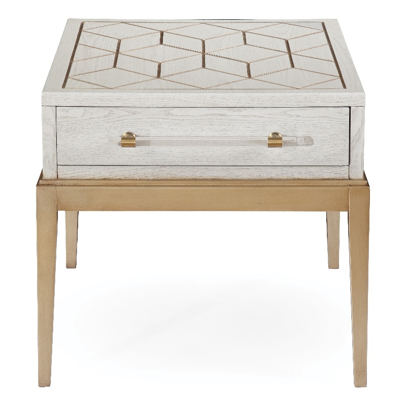 Perrine Soft White Wooden End Table with Gold and Acrylic Accents