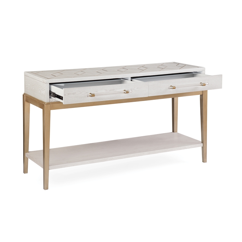 Perrine Soft White Wooden Console Table with Gold and Acrylic Details