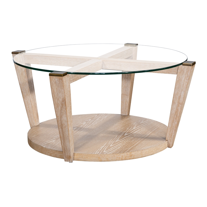 Bleached Oak Dunes Round Cocktail Table Glass Top