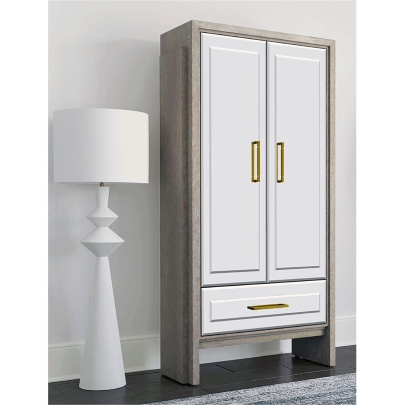 Lansing Cerused Grey Oak Tall Bar Cabinet Mirrored Wood Gold