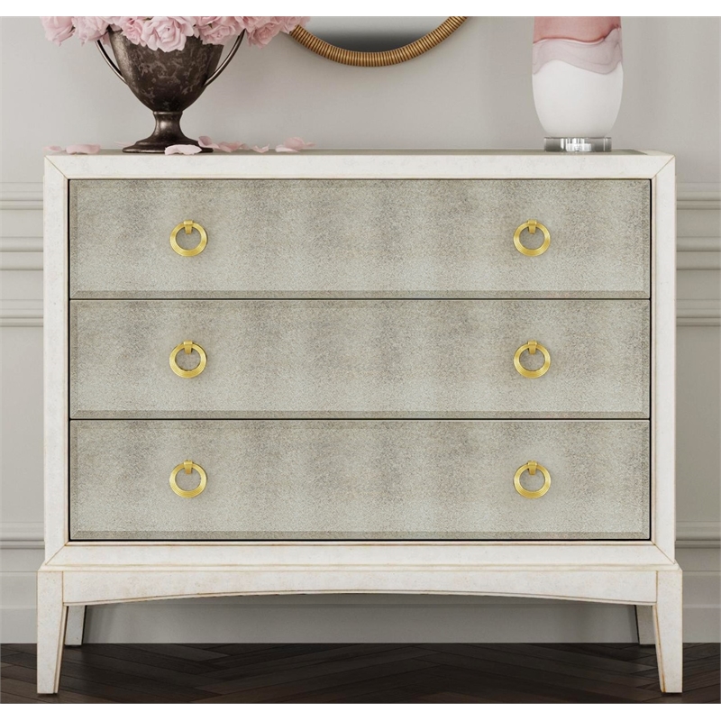 Kiara Antique Cream Hall Chest Mirrored Accent Storage Wood Cabinet