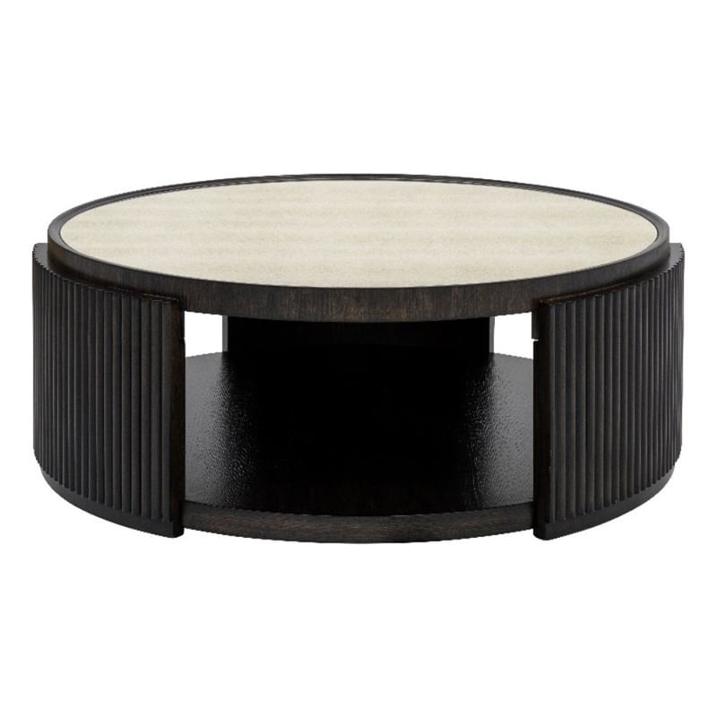 Rivera Charcoal Oak Round  Wood Coffee Table with Mirror Top