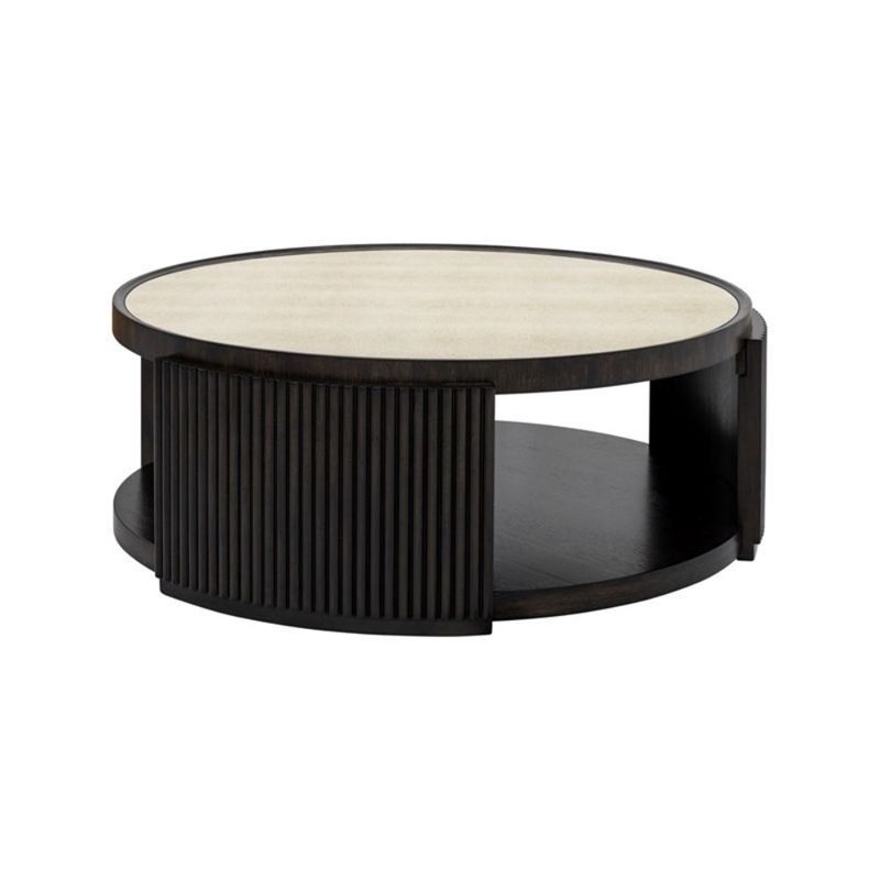 Rivera Charcoal Oak Round  Wood Coffee Table with Mirror Top