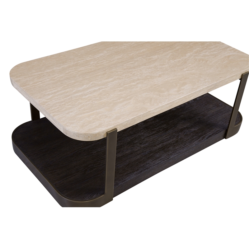 Avalon Travertine Bronze Oak Coffee Wood Table Mixed Materials