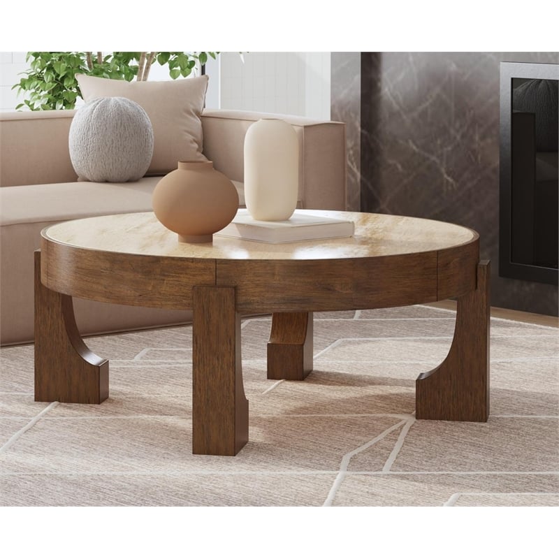 Canyon Espresso Brown Wood Travertine Coffee Table Rustic Modern