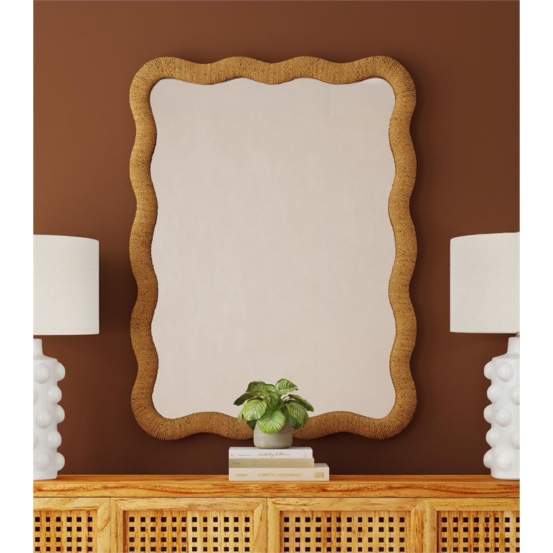 Burnette Wavy Rope Brown Resin Framed Wall Mirror Coastal Boho