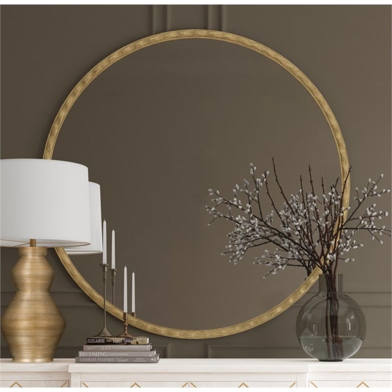 Entralla Round Hammered Gold Metal Wall Mirror Textured Frame