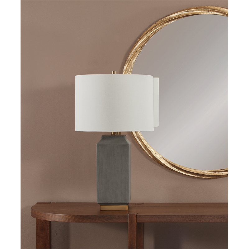 Broad Peak Cream Ceramic Table Lamp with Linen Shade Modern Minimal