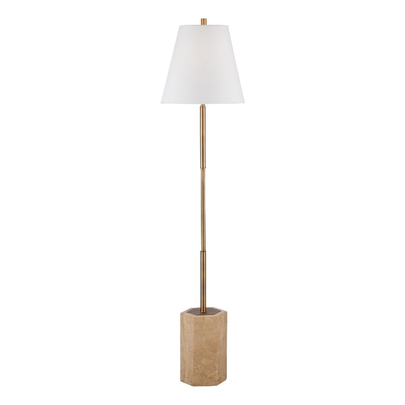 Travertine Brass Floor Metal Lamp White Linen Shade Modern