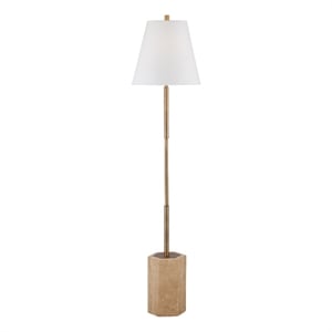 Travertine Brass Floor Metal Lamp White Linen Shade Modern