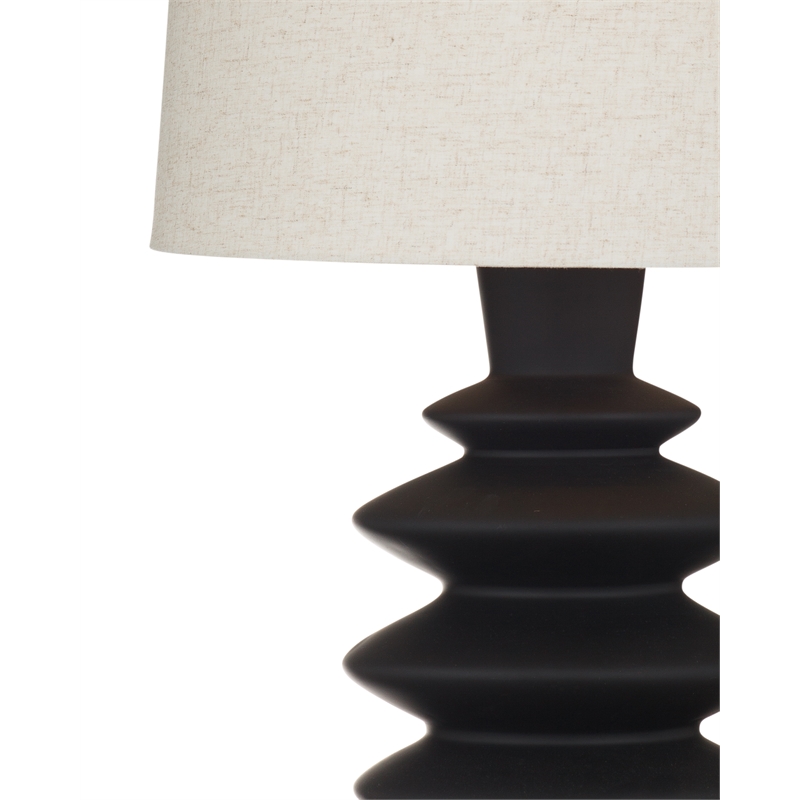 Black Sculptural Resin Stacked Table Lamp Linen Shade Modern