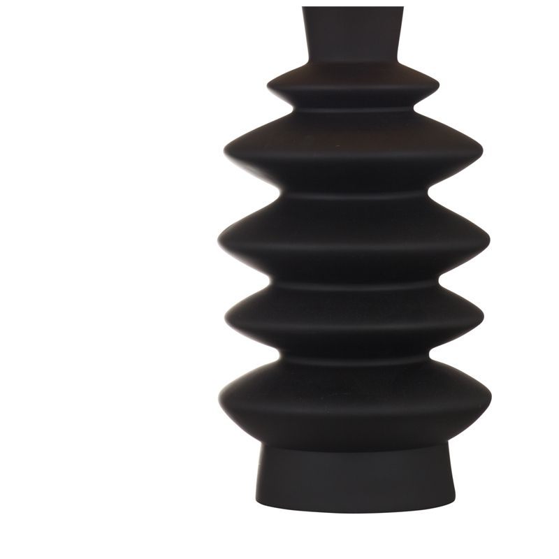 Black Sculptural Resin Stacked Table Lamp Linen Shade Modern