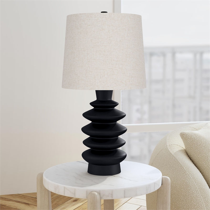 Black Sculptural Resin Stacked Table Lamp Linen Shade Modern