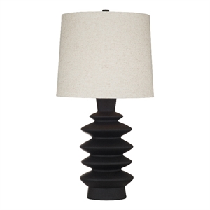 Black Sculptural Resin Stacked Table Lamp Linen Shade Modern