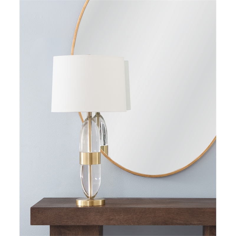 Clear Crystal Gold Table Lamp White Linen Shade Modern
