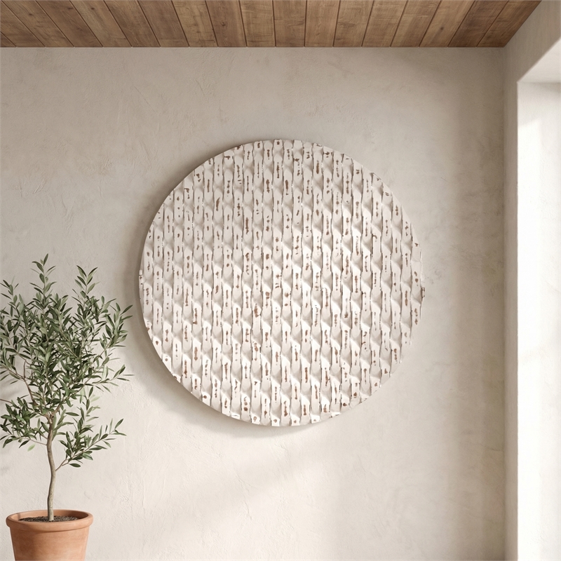 Anaya Round Carved Wood Wall Art Whitewashed Rustic Decor