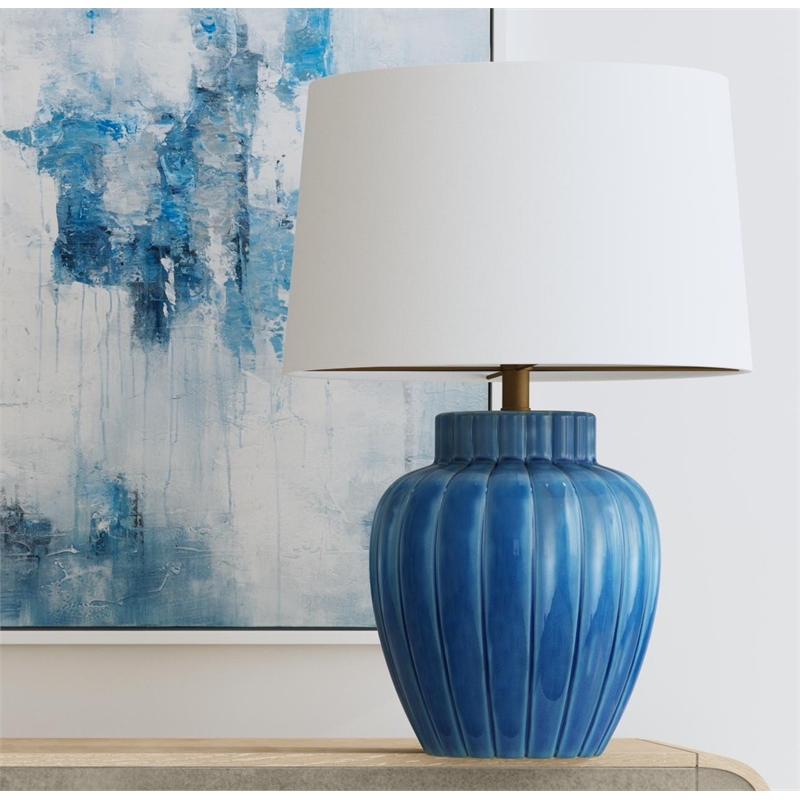 Blue Ribbed Ceramic Coastal Table Lamp