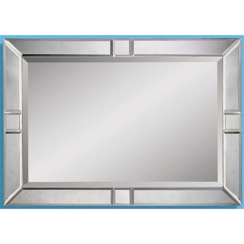 Silver Wood Beveled Wall Mirror with Square Accents
