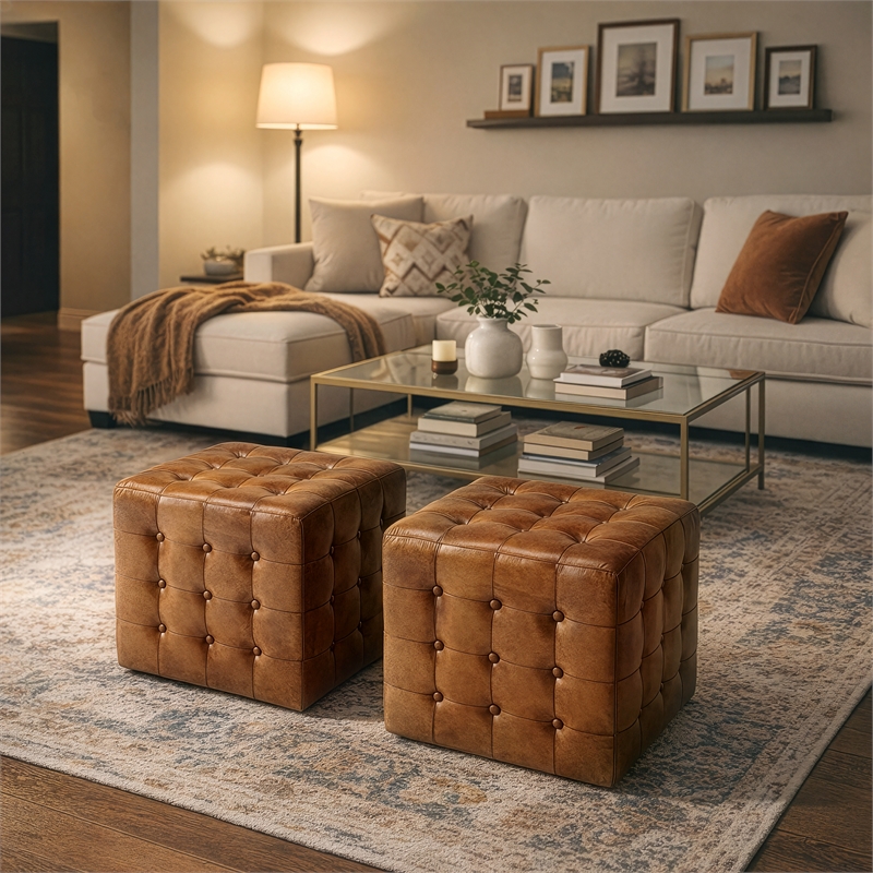 Butler Specialty Company Leon Genuine Leather Ottoman / Pouf - Brown