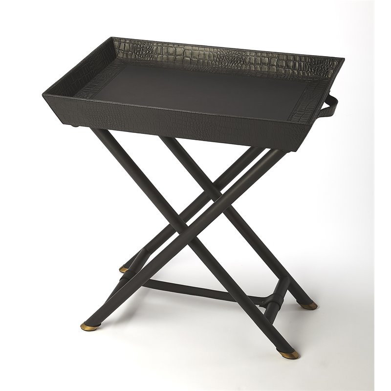 Butler Bronco Black Leather Folding Tray Table Butler Bronco Black Leather Folding Tray Table