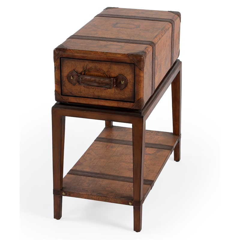 Old World Map Chairside Table In Brown