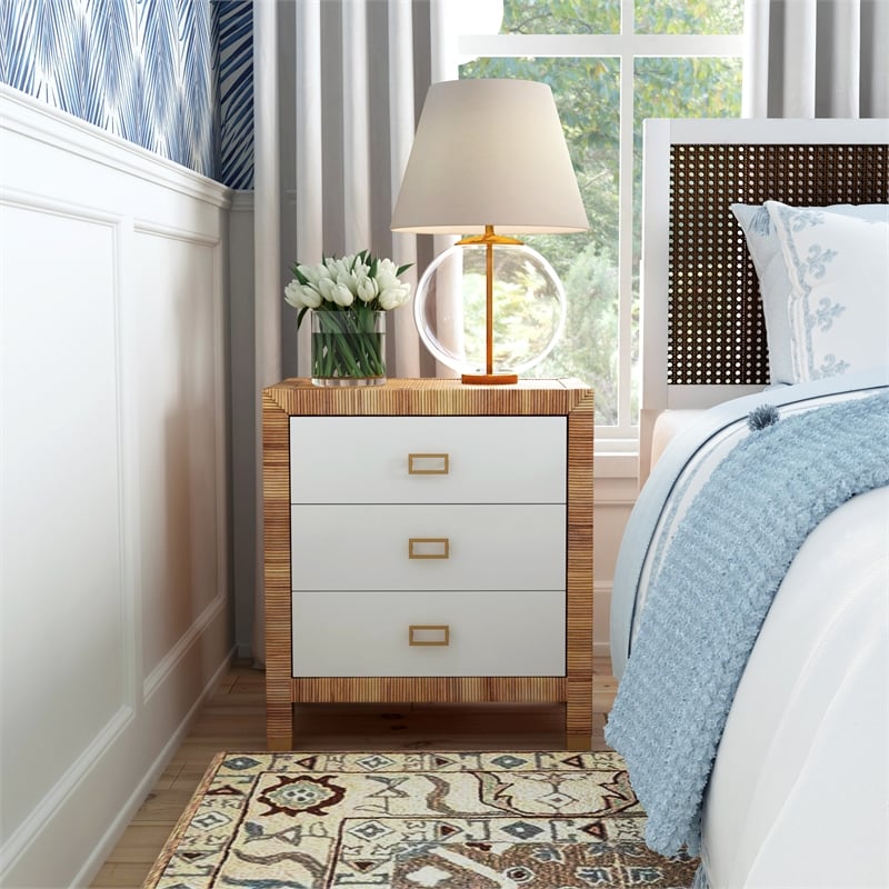 Corfu 3 Drawer Natural And White  Raffia And Wood Chest