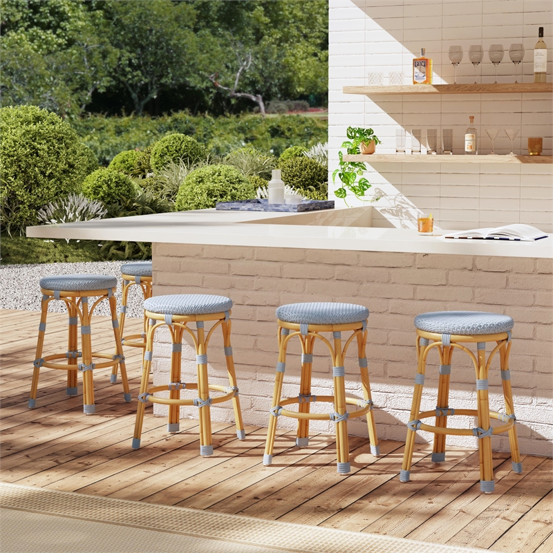 Butler Specialty Tobias Outdoor Rattan Metal Counter Stool - Baby Blue/ Natural