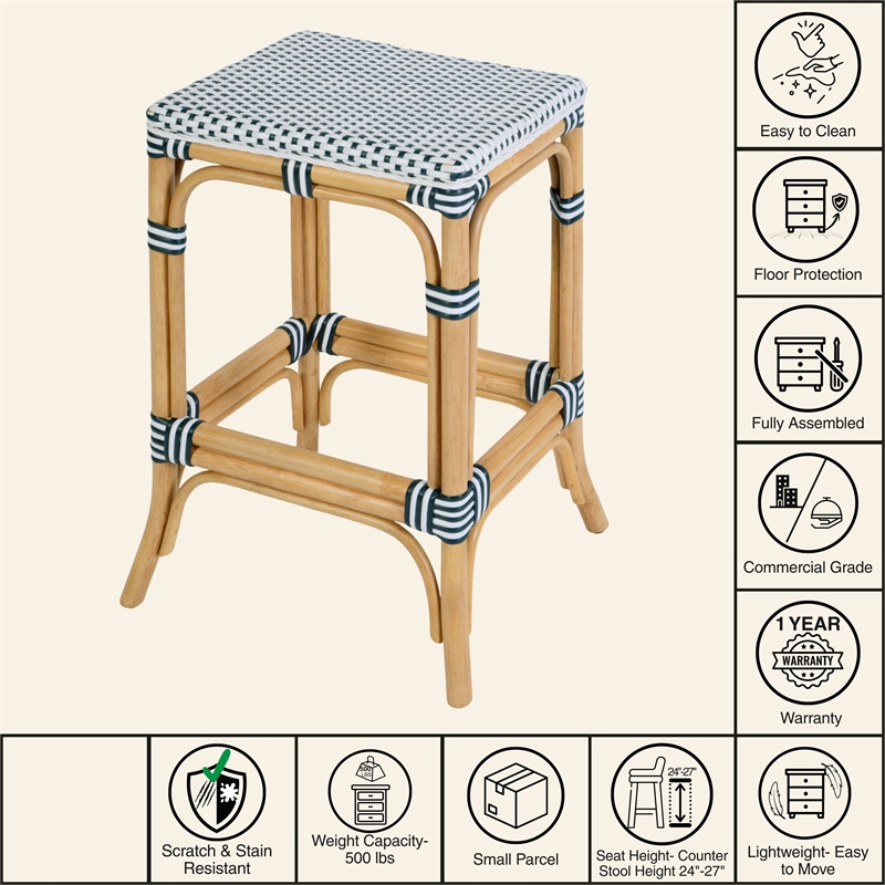 Butler Specialty Company Laguna 24.5 in. Seat Height Rattan Counter Stool - White and Navy