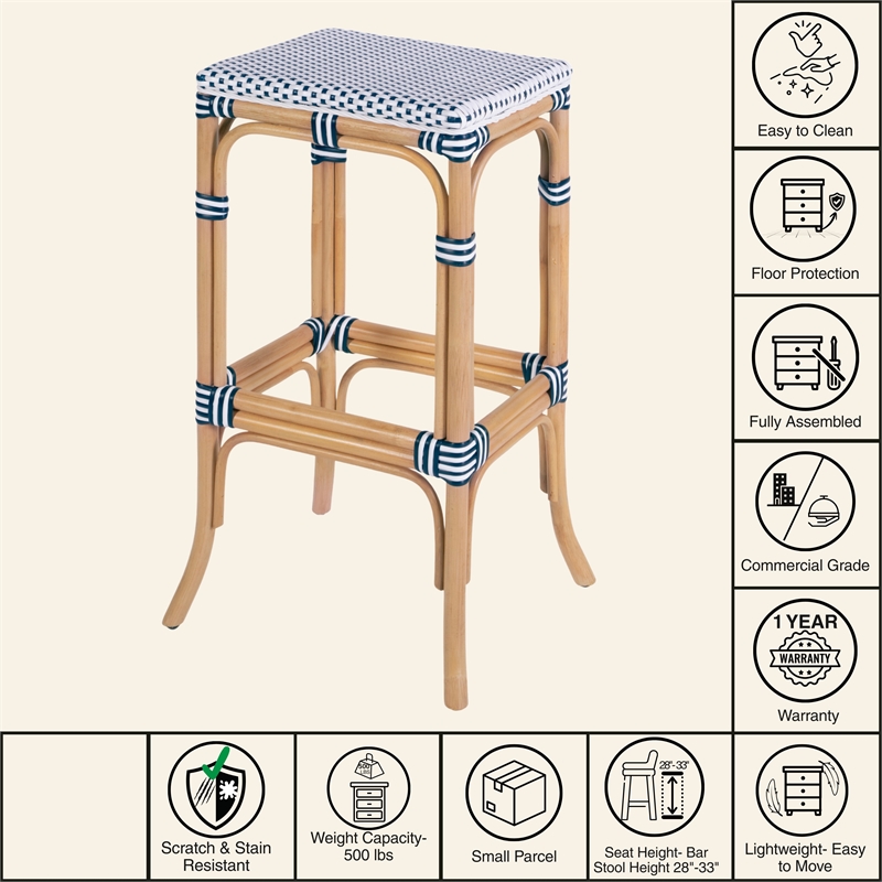 Butler Specialty Company Laguna 30.5 in. Seat Height Rattan Bar Stool - White and Navy