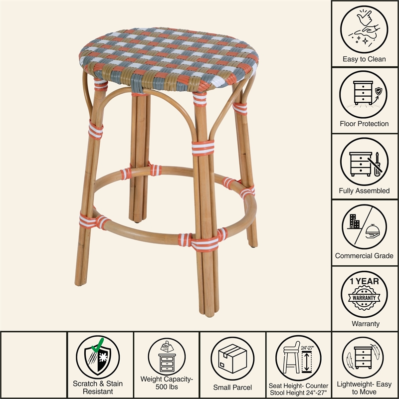 Butler Specialty Company Ballito 24 in. Seat Height Oval Rattan Counter Stool - Orange and Brown