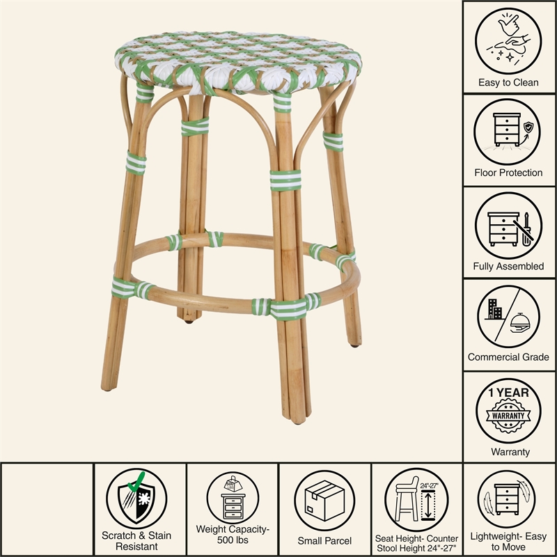 Butler Specialty Company Ballito 24 in. Seat Height Oval Rattan Counter Stool - White and Green
