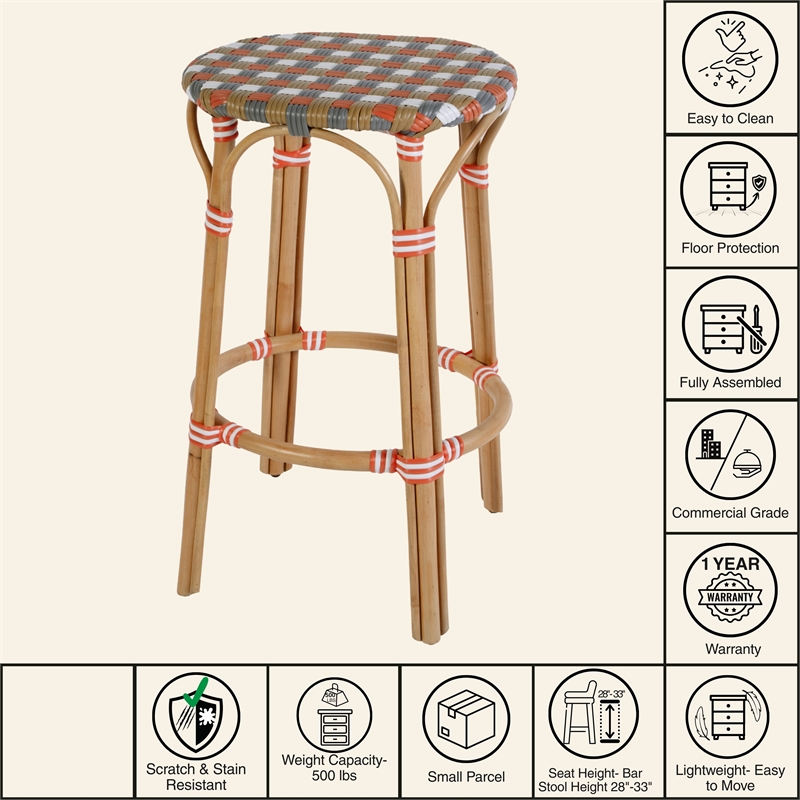 Butler Specialty Company Ballito 30 in. Seat Height Oval Rattan Bar Stool - Orange and Brown